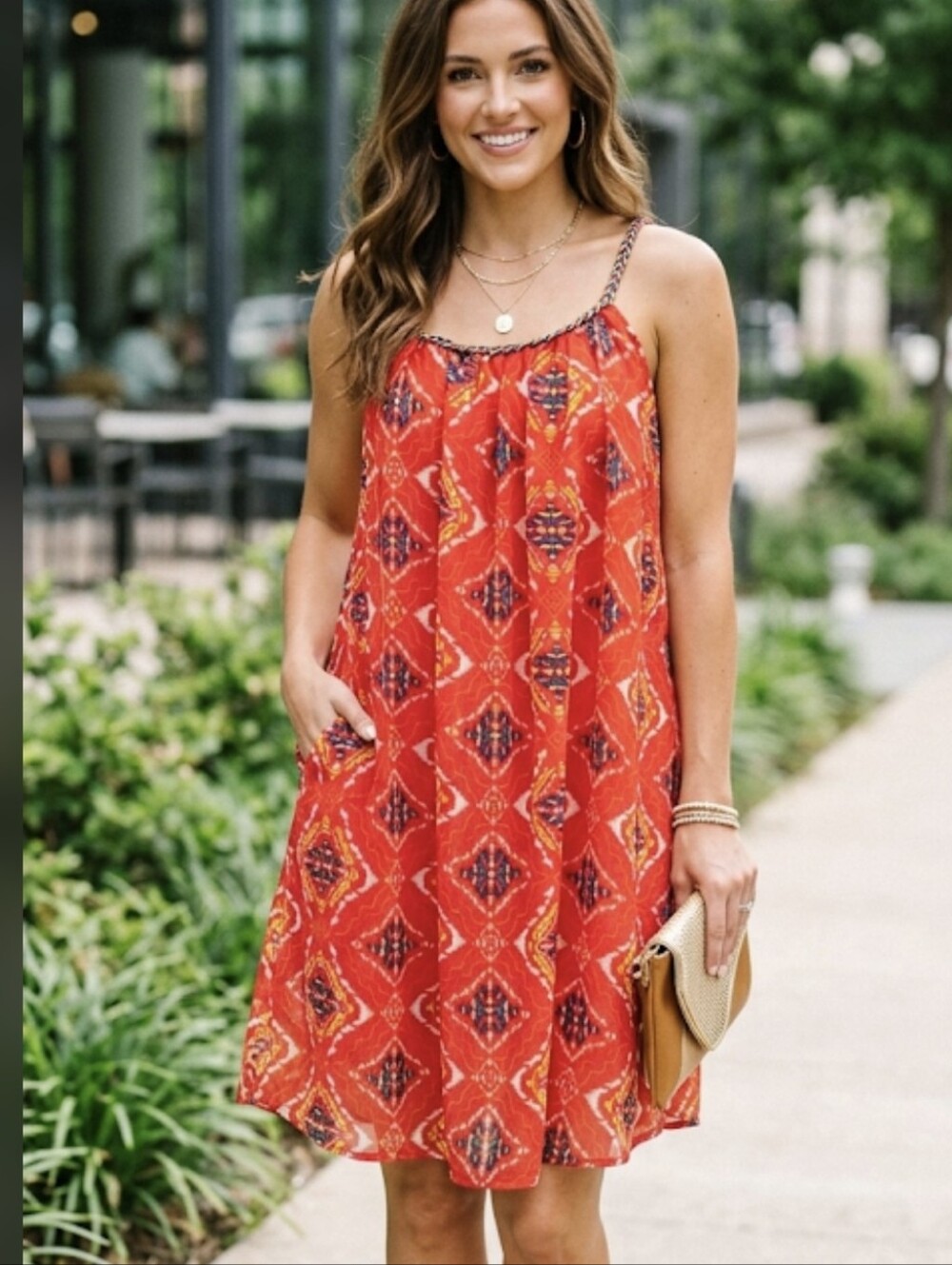 Pinky Red Midi Dress with Multicolor Trim (SKU 0055)